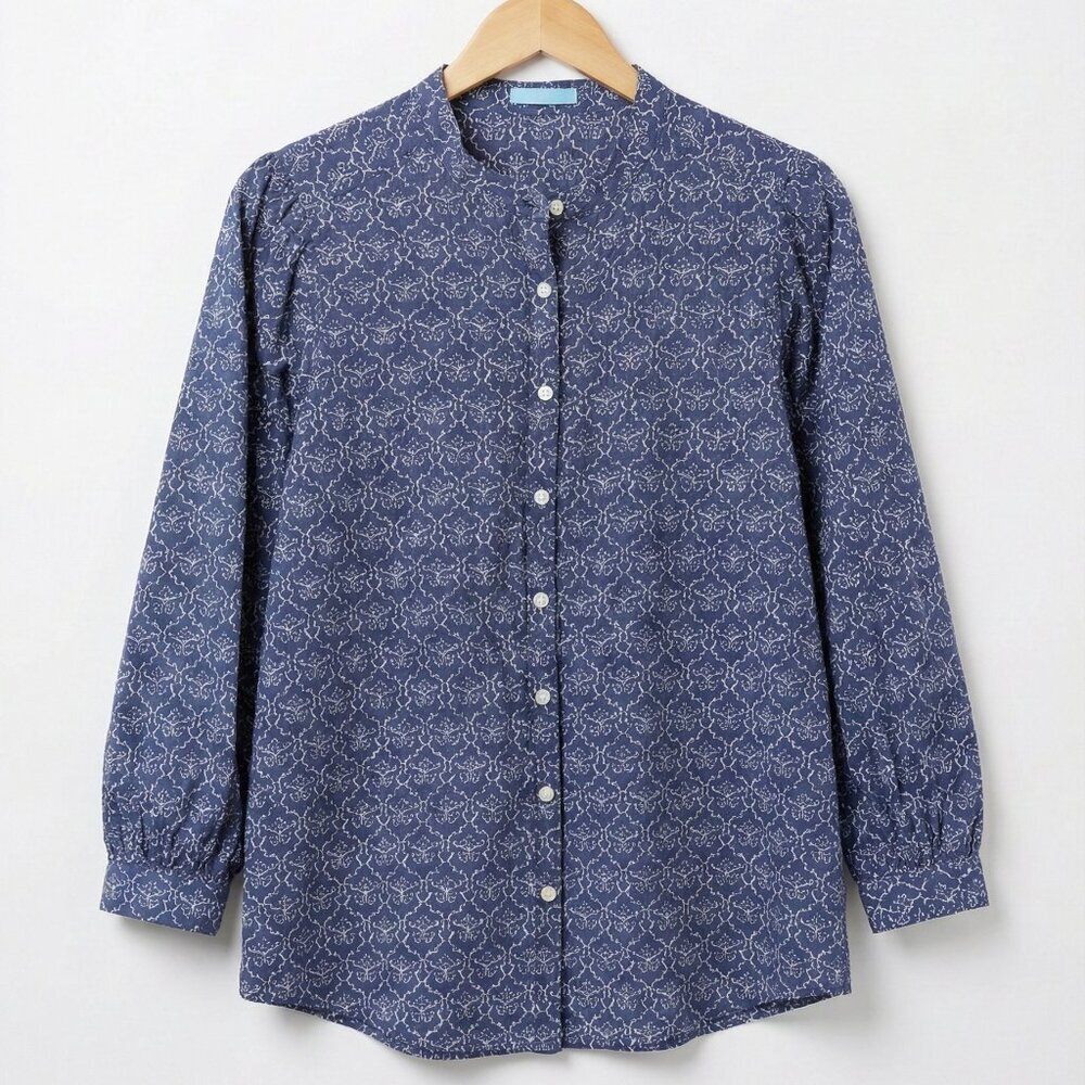 J.McLaughlin Button Down Navy White Block Print Top Size Extra Small